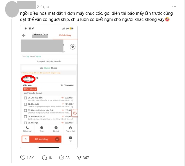 Ngồi điều hòa đặt 75 ly chè cùng 1 đơn, shipper Hà Nội bốc hỏa Ngồi điều hòa đặt 75 ly chè cùng 1 đơn, shipper Hà Nội bốc hỏa