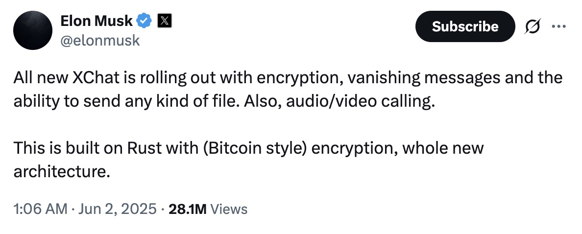 Elon Musk tung XChat với mã hóa và bảo mật “kiểu Bitcoin”- Ảnh 1. Elon Musk tung XChat với mã hóa và bảo mật “kiểu Bitcoin”- Ảnh 1.