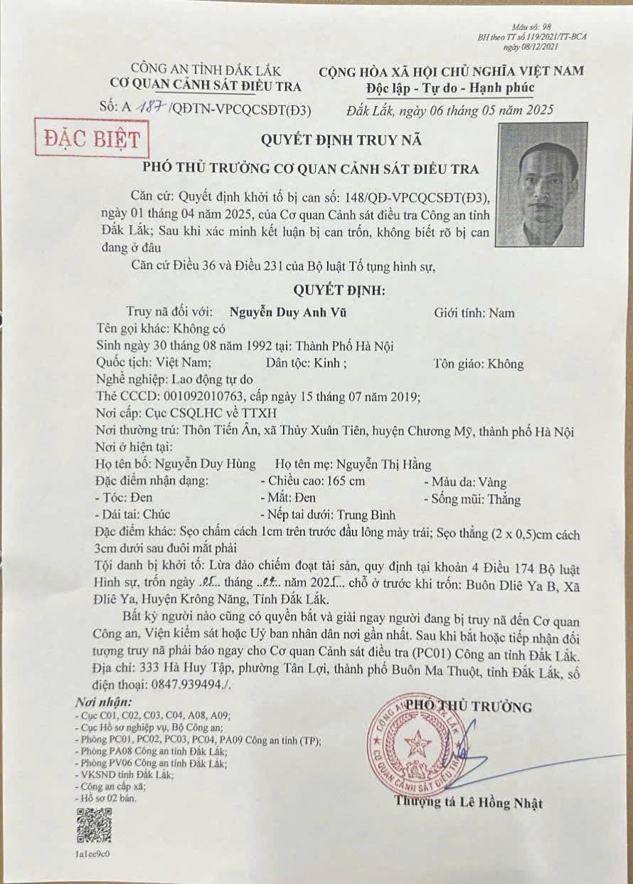 Truy nã đặc biệt Nguyễn Duy Anh Vũ- Ảnh 1. Truy nã đặc biệt Nguyễn Duy Anh Vũ- Ảnh 1.