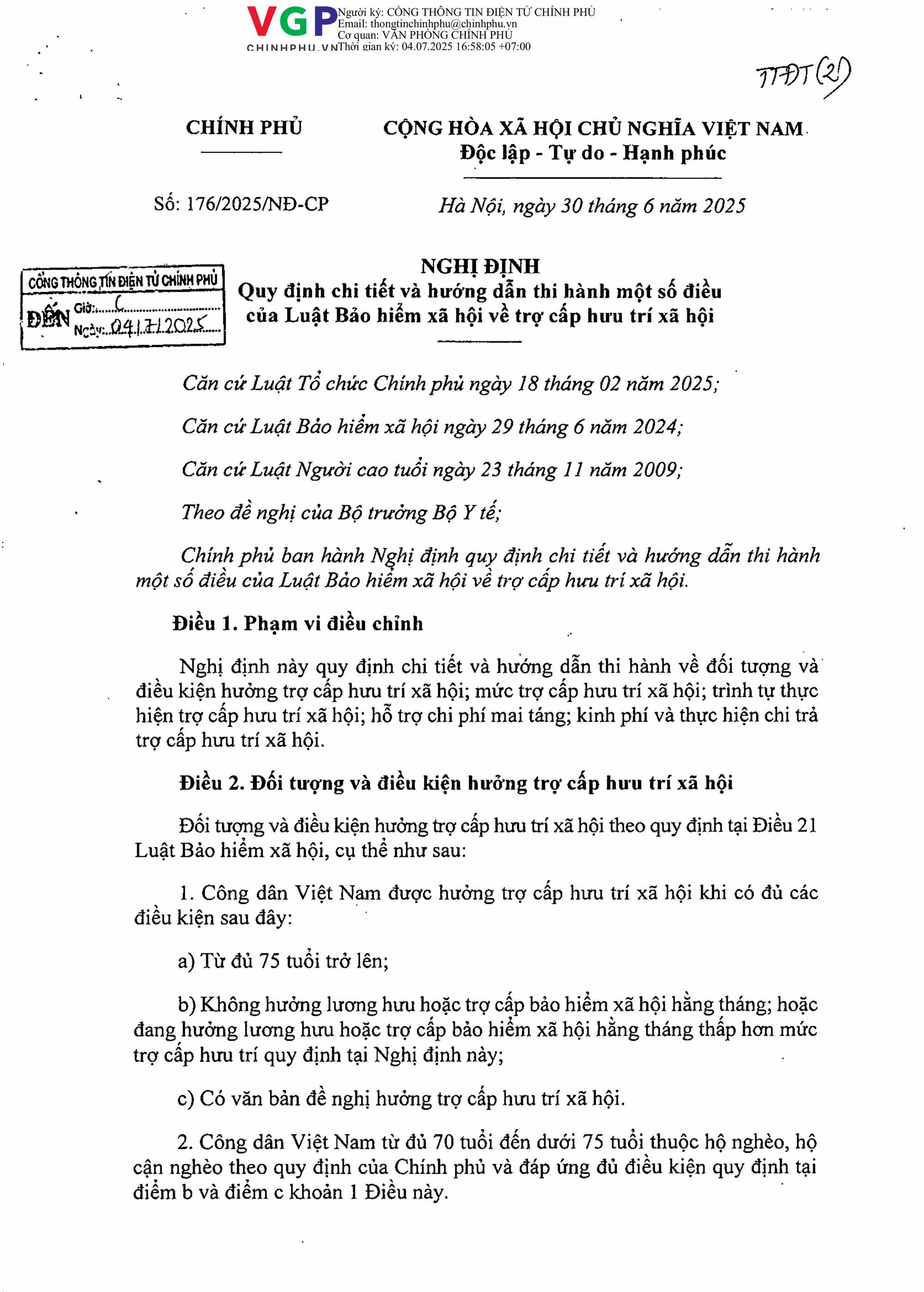TOÀN VĂN: Nghị định 176/2025/NĐ-CP về trợ cấp hưu trí xã hội- Ảnh 1. TOÀN VĂN: Nghị định 176/2025/NĐ-CP về trợ cấp hưu trí xã hội- Ảnh 1.