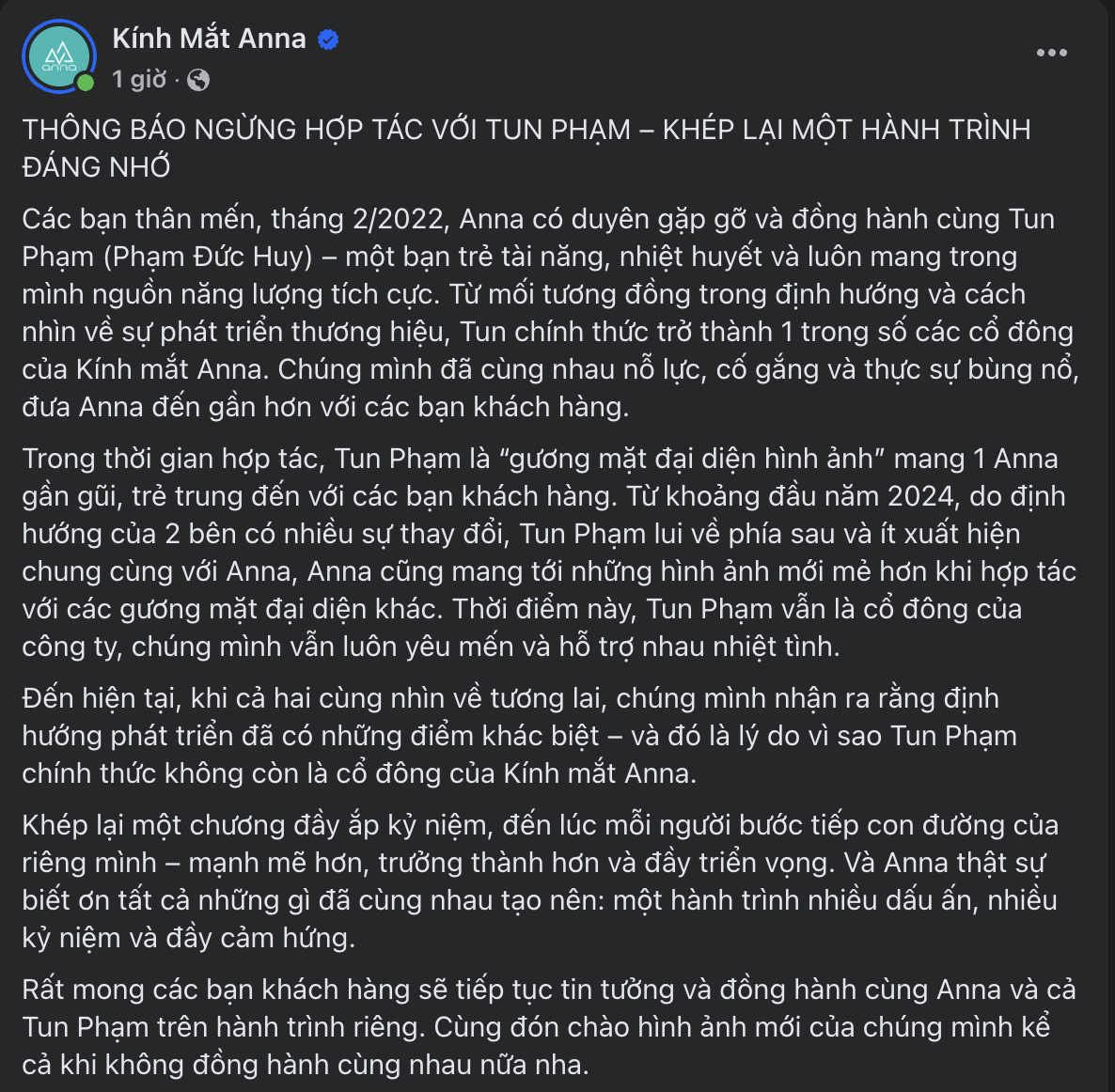 Kính mắt Anna và Tun Phạm dừng hợp tác: "Tun Phạm chính thức không còn là cổ đông của hãng"- Ảnh 1. Kính mắt Anna và Tun Phạm dừng hợp tác: