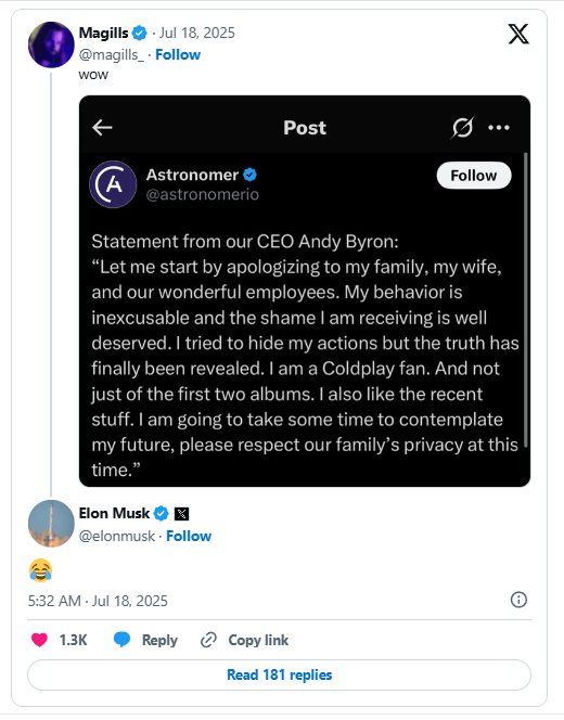 Tỷ phú Elon Musk cũng tham gia vào bê bối ngoại tình toàn cầu của CEO Astronomer, để lại một bình luận gây xôn xao dư luận- Ảnh 1.