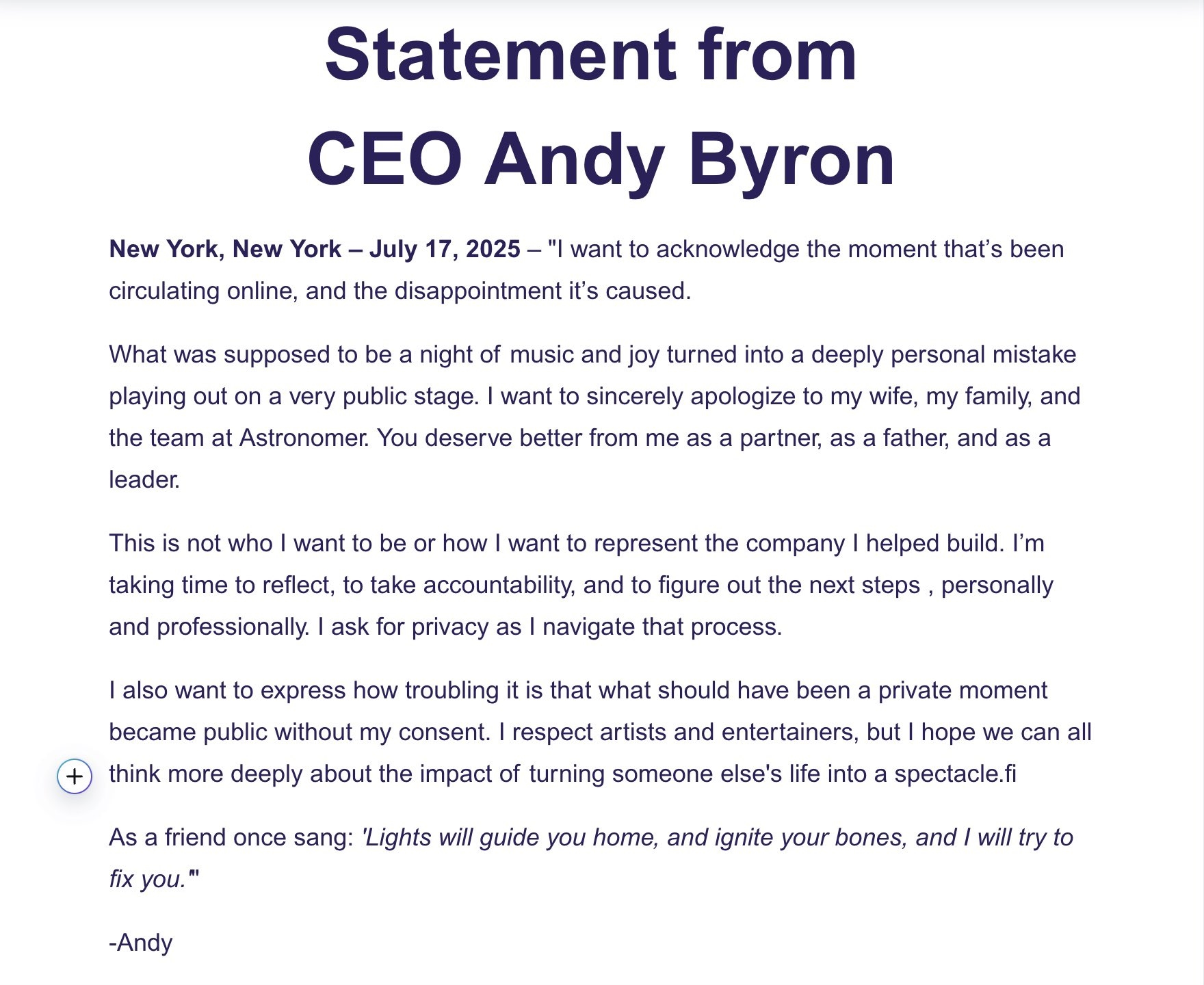 CEO Andy Byron chính thức lên tiếng xin lỗi sau khi bị bắt quả tang ngoại tình với giám đốc nhân sự?- Ảnh 2. CEO Andy Byron chính thức lên tiếng xin lỗi sau khi bị bắt quả tang ngoại tình với giám đốc nhân sự?- Ảnh 2.