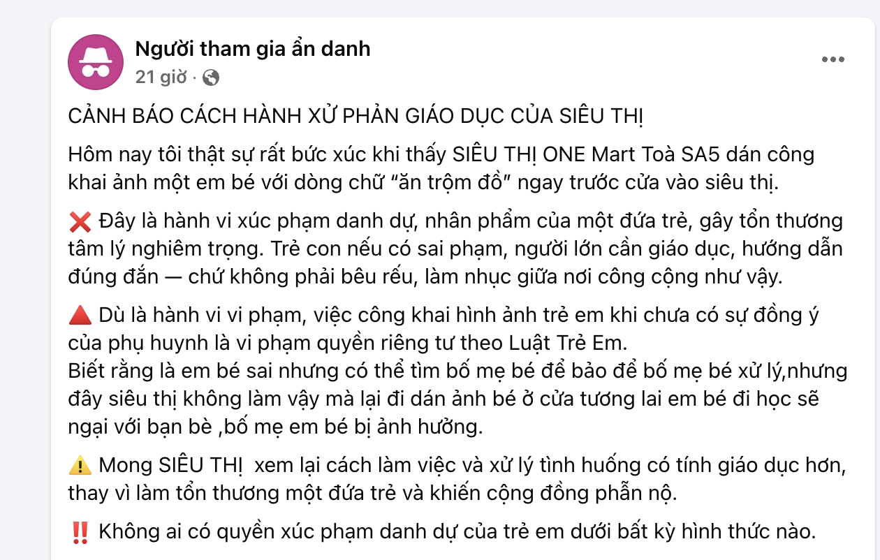 Một siêu thị ở Hà Nội dán ảnh trẻ em kèm cảnh báo trộm cắp trước cửa: Ghi nhận mới nhất!- Ảnh 1.