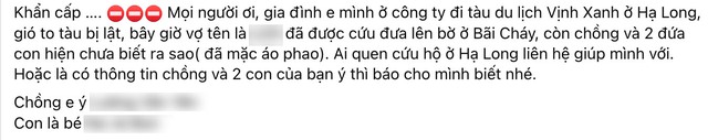Gia đình Hà Nội đi trên tàu bị lật, 3 người mất liên lạc: Đi tiếp Hạ Long sau chuyến du lịch cùng công ty- Ảnh 1. Gia đình Hà Nội đi trên tàu bị lật, 3 người mất liên lạc: Đi tiếp Hạ Long sau chuyến du lịch cùng công ty- Ảnh 1.