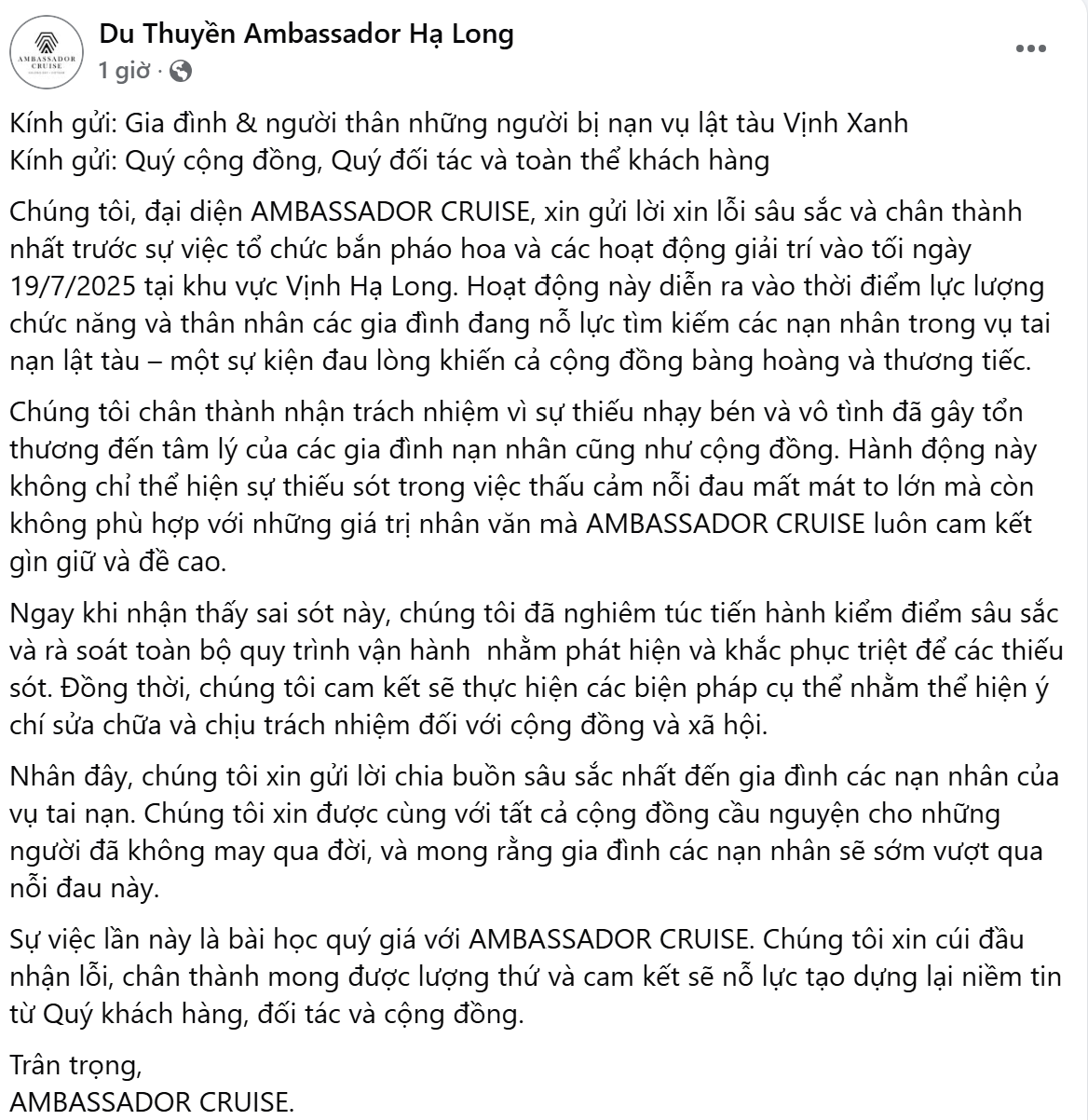Một du thuyền 5 sao ở Hạ Long xin lỗi vì tổ chức bắn pháo hoa và các hoạt động giải trí trong ngày tàu Vịnh Xanh gặp nạn- Ảnh 2. Một du thuyền 5 sao ở Hạ Long xin lỗi vì tổ chức bắn pháo hoa và các hoạt động giải trí trong ngày tàu Vịnh Xanh gặp nạn- Ảnh 2.