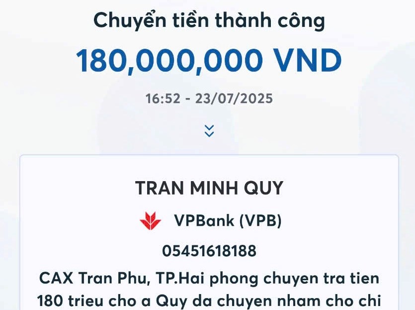 Nhận được chuyển khoản 180 triệu đồng, sau vài giờ, người phụ nữ Hải Phòng liên tục&nbsp;có thêm 5K kèm lời dọa: Sau 12h trưa sẽ báo công an?- Ảnh 1.