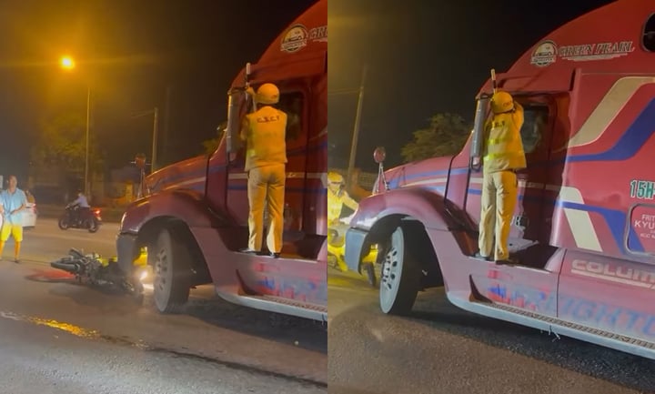 Chạy vào đường cấm, tài xế xe đầu kéo chống lệnh kiểm tra, tông đổ xe CSGT- Ảnh 1. Chạy vào đường cấm, tài xế xe đầu kéo chống lệnh kiểm tra, tông đổ xe CSGT- Ảnh 1.