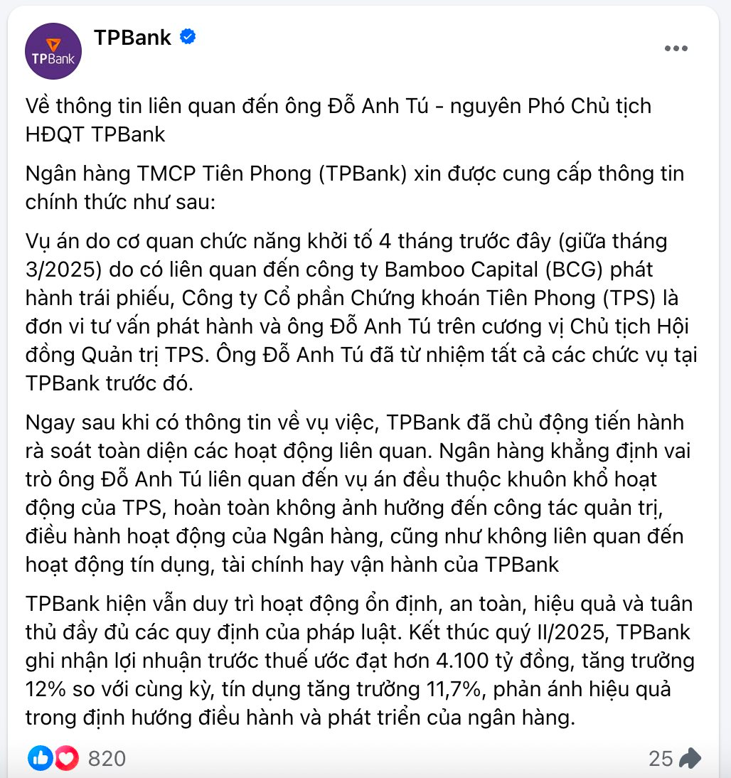 TPBank chính thức lên tiếng về vụ án ông Đỗ Anh Tú- Ảnh 1. TPBank chính thức lên tiếng về vụ án ông Đỗ Anh Tú- Ảnh 1.
