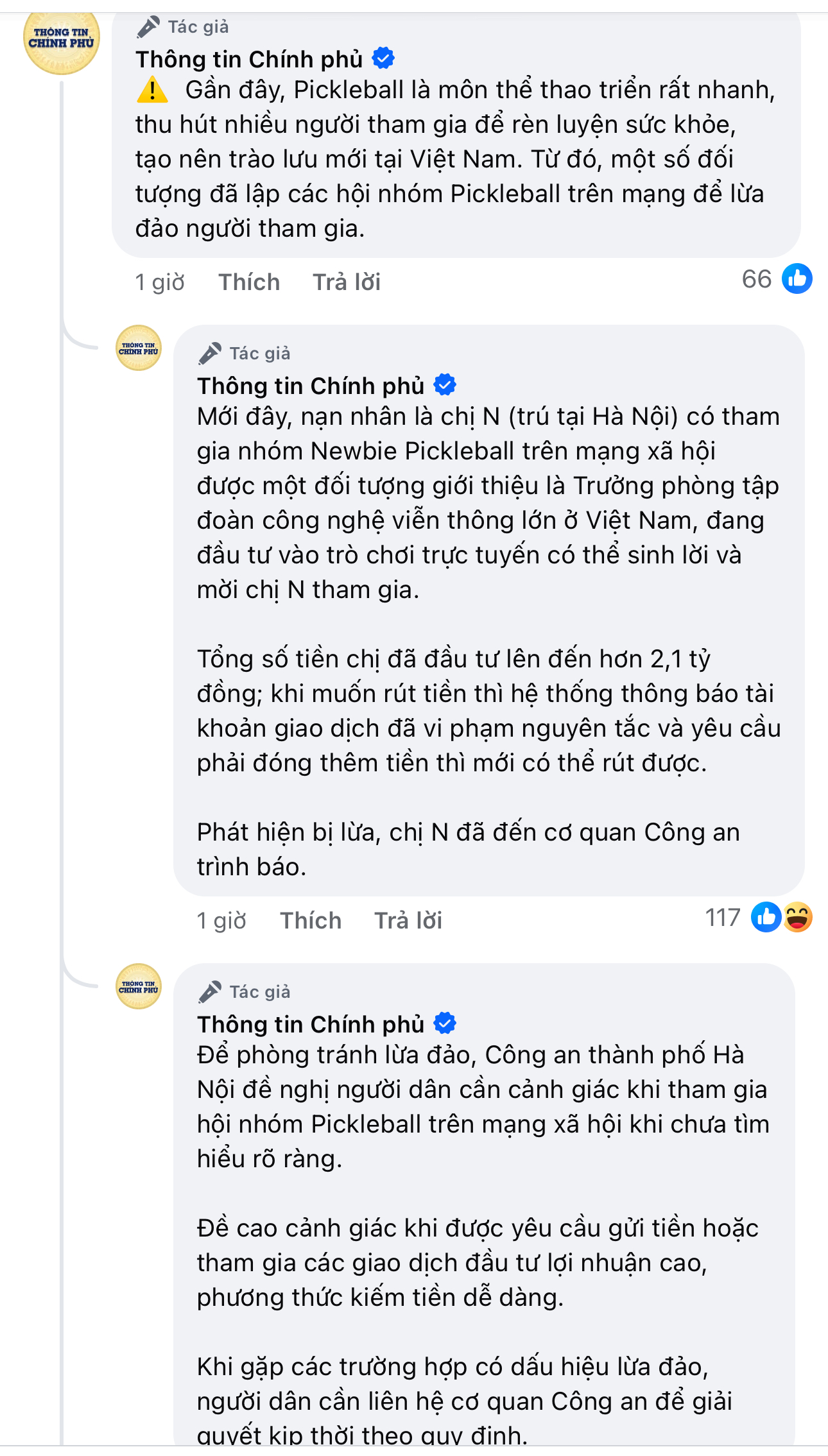 Fanpage Thông tin Chính phủ cảnh báo hội nhóm pickleball lừa đảo, người phụ nữ bị lừa 2,1 tỷ đồng- Ảnh 2. Fanpage Thông tin Chính phủ cảnh báo hội nhóm pickleball lừa đảo, người phụ nữ bị lừa 2,1 tỷ đồng- Ảnh 2.