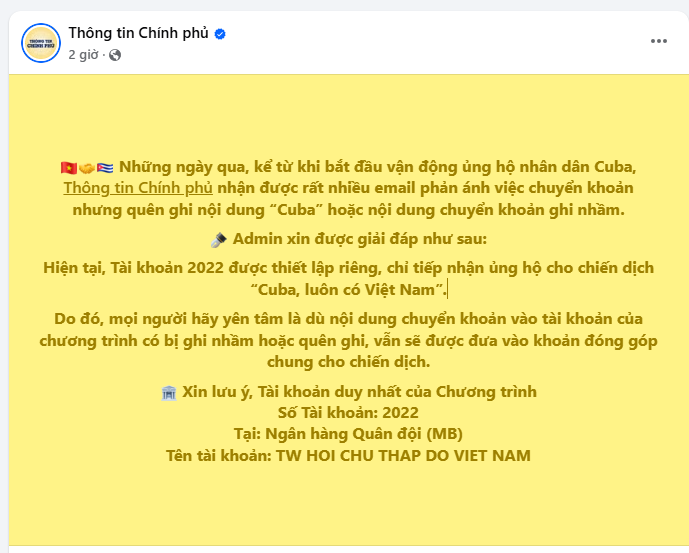 Chuyển khoản ủng hộ Cuba nhưng quên không ghi 