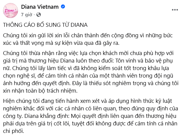 Diana liên tiếp ra thông cáo xin lỗi vụ mời nghệ sĩ dự sự kiện: Sẽ áp dụng hình thức kỷ luật nghiêm khắc đối với các cá nhân có liên quan- Ảnh 1.