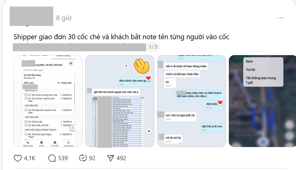 Đình chỉ công tác nhân viên "đặt 30 cốc chè bắt ghi tên từng người", nam shipper chấm dứt công việc gắn bó 2 năm- Ảnh 4. Đình chỉ công tác nhân viên "đặt 30 cốc chè bắt ghi tên từng người", nam shipper chấm dứt công việc gắn bó 2 năm- Ảnh 4.