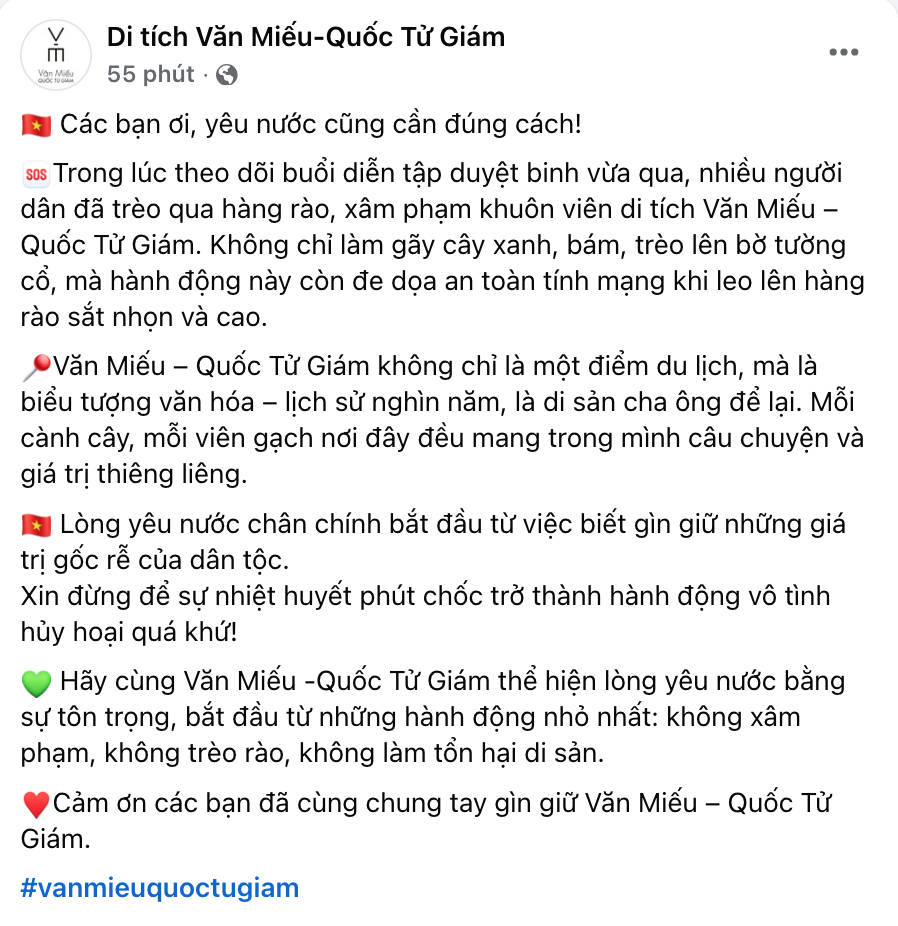 Văn Miếu - Quốc Tử Giám tha thiết kêu gọi người dân không làm điều này khi đi xem diễu binh- Ảnh 1. Văn Miếu - Quốc Tử Giám tha thiết kêu gọi người dân không làm điều này khi đi xem diễu binh- Ảnh 1.