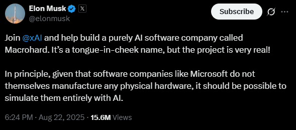 Elon Musk lập công ty AI Macrohard "to và cứng", đối nghịch với Microsoft- Ảnh 1.