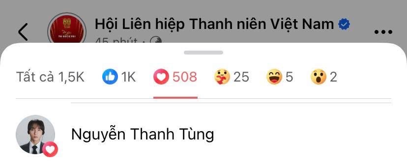 Sơn Tùng đã thả tim vào bài đăng gốc do fanpage Hội Liên hiệp Thanh niên Phụ nữ