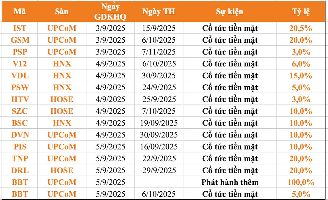 Lịch chốt quyền cổ tức 3/9-5/9: 14 doanh nghiệp ồ ạt "lăn chốt", cổ tức tiền mặt cao nhất hơn 20%- Ảnh 1.