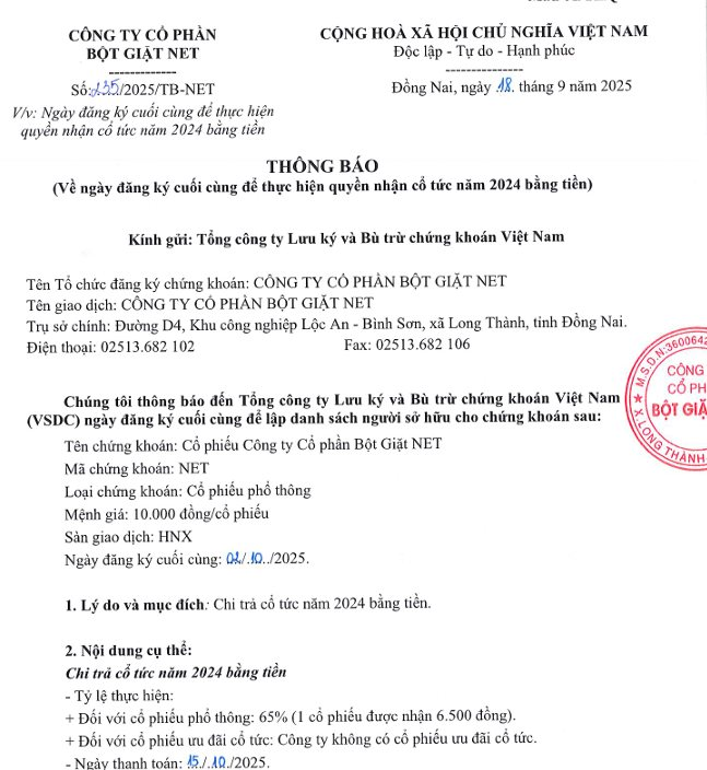 Công ty bột giặt sắp trả cổ tức tiền mặt tỷ lệ 65%- Ảnh 1.
