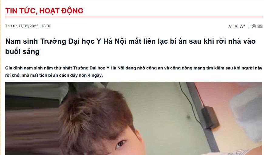 Vụ tân sinh viên ở Hà Nội nhiều ngày mất liên lạc với gia đình: Trường Đại học Y Hà Nội thông tin bất ngờ- Ảnh 1. Vụ tân sinh viên ở Hà Nội nhiều ngày mất liên lạc với gia đình: Trường Đại học Y Hà Nội thông tin bất ngờ- Ảnh 1.