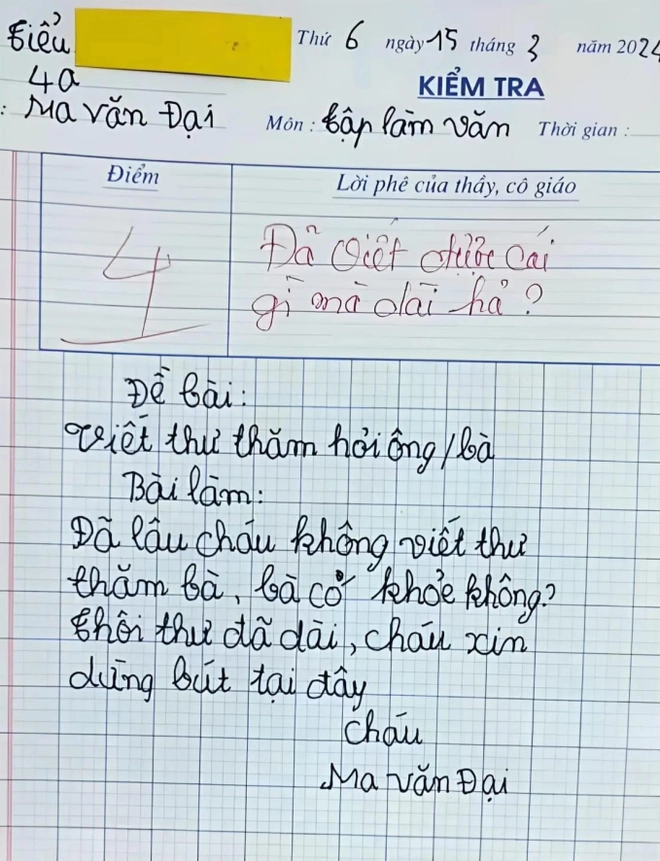 Bài văn viết thư hỏi thăm bà gây bão MXH, được 4 điểm nhưng dân mạng phán: "Không oan tí nào!"- Ảnh 2. Bài văn viết thư hỏi thăm bà gây bão MXH, được 4 điểm nhưng dân mạng phán: "Không oan tí nào!"- Ảnh 2.