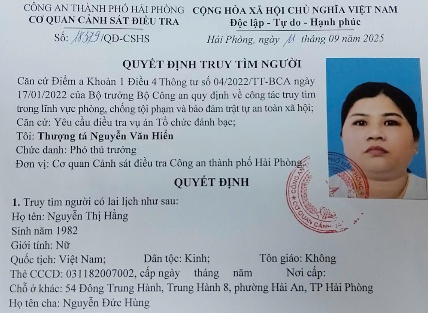 Quyết định truy tìm đối với Nguyễn Thị Hằng- Ảnh 1.