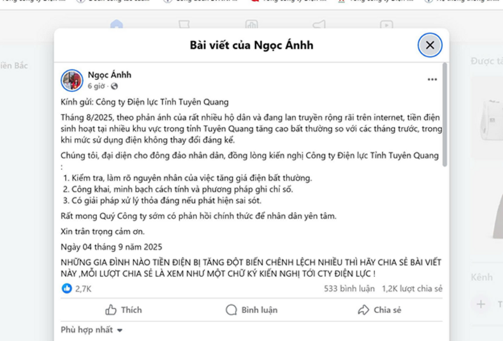 Cảnh báo lan truyền thông tin 'copy' kiến nghị liên quan đến tiền điện tháng 8- Ảnh 2. Cảnh báo lan truyền thông tin 'copy' kiến nghị liên quan đến tiền điện tháng 8- Ảnh 2.
