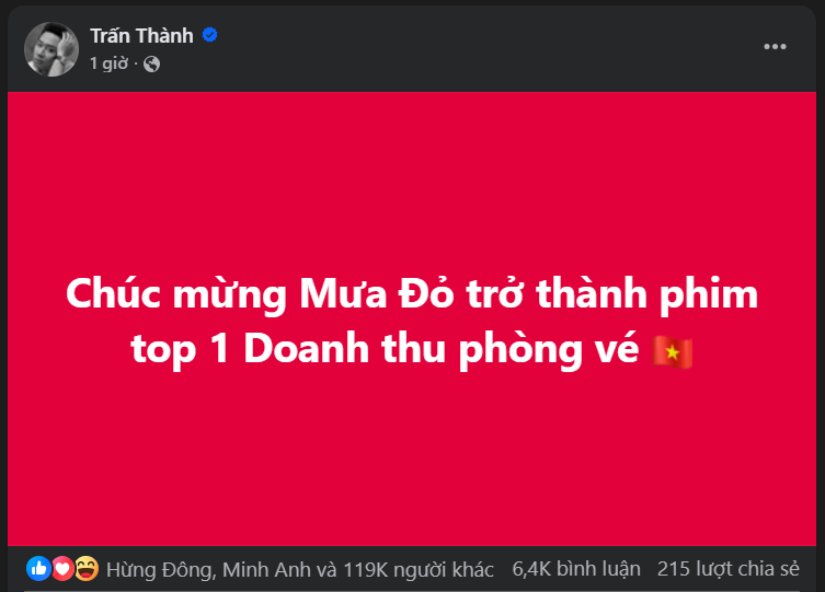 Trấn Thành lập tức có động thái khi Mưa Đỏ đạt top 1 doanh thu phòng vé- Ảnh 1. Trấn Thành lập tức có động thái khi Mưa Đỏ đạt top 1 doanh thu phòng vé- Ảnh 1.