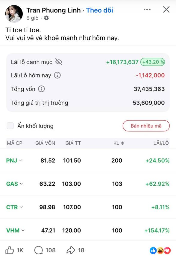 Một ca sĩ Vbiz khoe lãi 16 triệu nhờ chứng khoán, thừa nhận "chỉ đầu tư vui thôi", hẹn 10 năm nữa "mới sờ vào” - Ảnh 1.