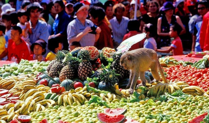 Buffet cho khỉ: Đại tiệc độc nhất vô nhị ở Thái Lan- Ảnh 1.