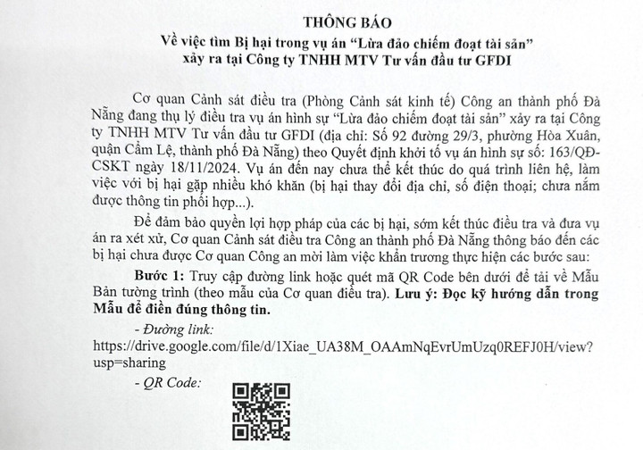 Công an Đà Nẵng tìm bị hại trong vụ lừa đảo hơn 3.700 tỷ xảy ra tại Công ty GFDI- Ảnh 1.
