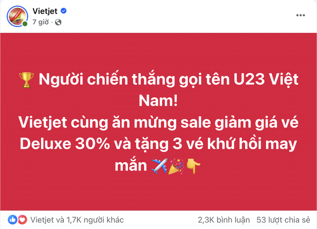 Một hãng bay giảm tận 30% giá vé sau chiến thắng của U23 Việt Nam- Ảnh 1.