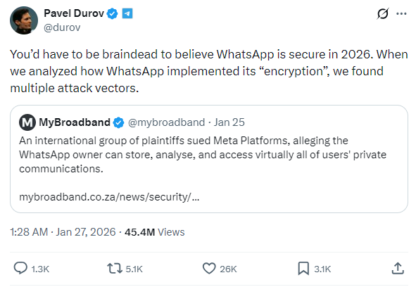 CEO Telegram: “Chỉ có người thiếu suy nghĩ mới tin rằng WhatsApp là an toàn”- Ảnh 1.