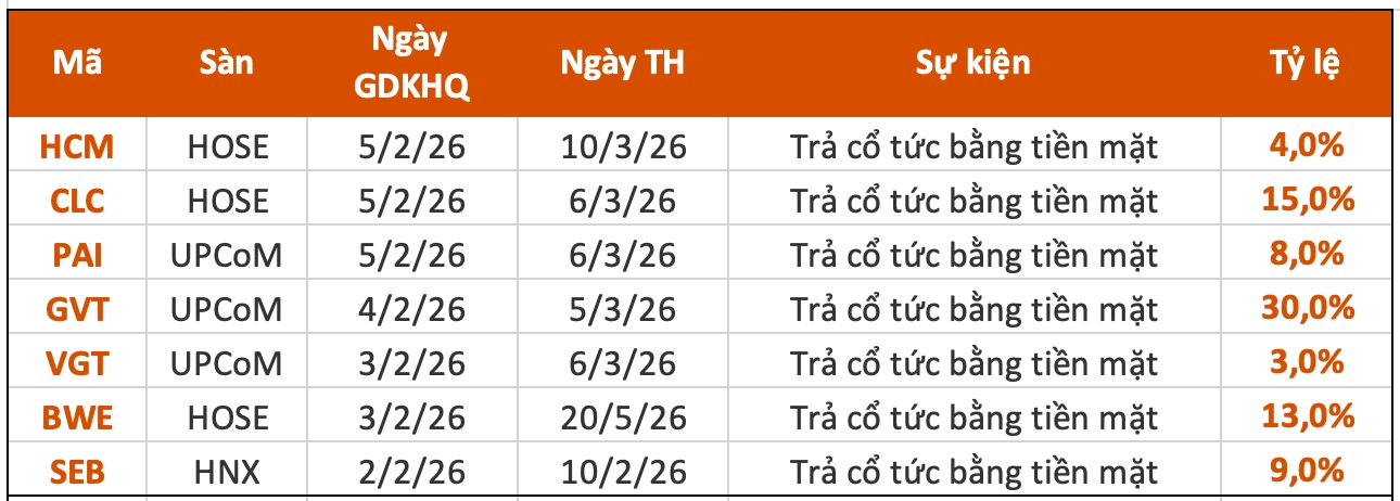 Lịch chốt quyền cổ tức tuần đầu tháng 2: Cổ tức tiền mặt cao nhất 30%, một công ty chứng khoán sắp "lăn chốt"- Ảnh 1.
