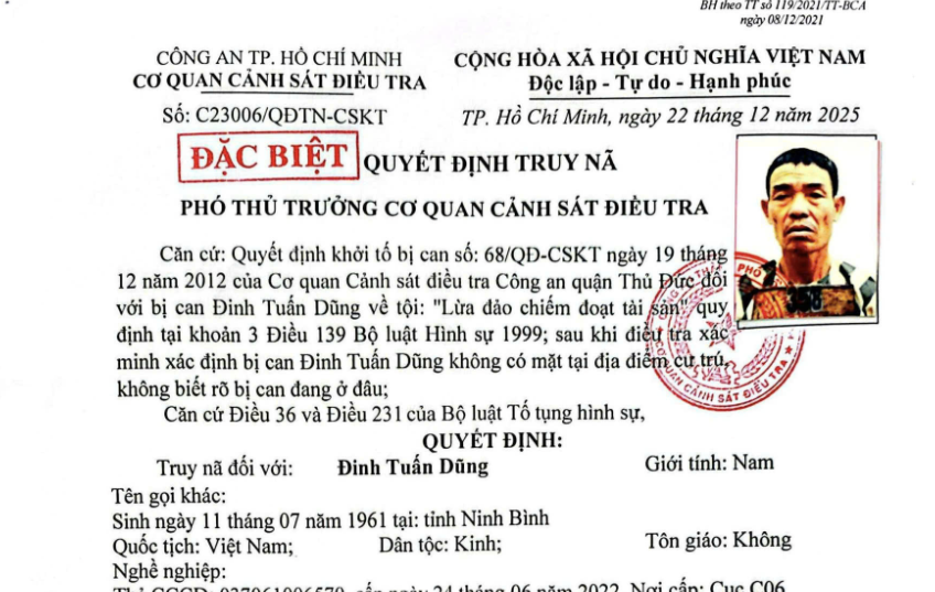 Công an TPHCM truy nã Đinh Tuấn Dũng - Ảnh 1.