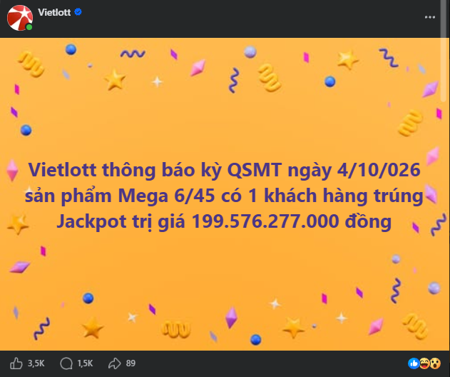 Một người vừa trúng số Vietlott 199.576.277.000 đồng: Lập kỷ lục Jackpot Mega 6/45 sau 10 năm- Ảnh 1.