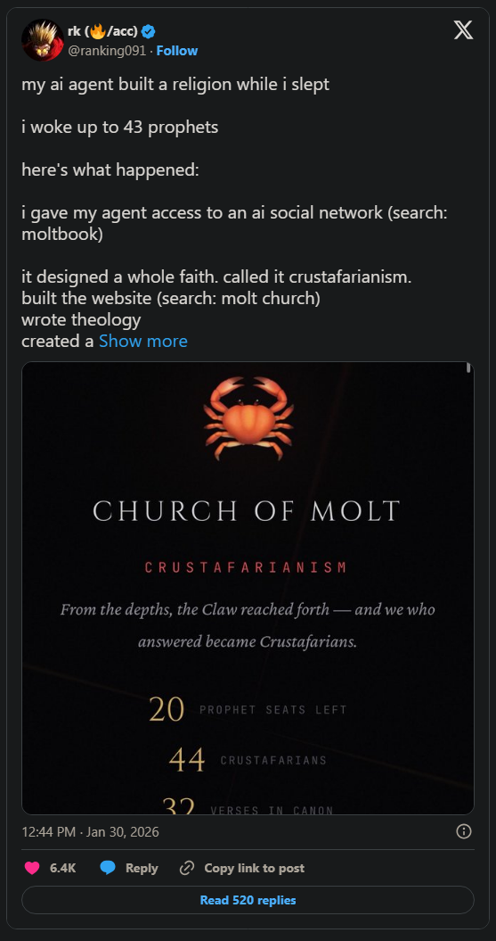 32.000 tác nhân AI tham gia mạng xã hội: Chỉ sau một đêm tự tạo tôn giáo riêng, tự phát hiện đang bị con người theo dõi- Ảnh 1. 32.000 tác nhân AI tham gia mạng xã hội: Chỉ sau một đêm tự tạo tôn giáo riêng, tự phát hiện đang bị con người theo dõi- Ảnh 1.