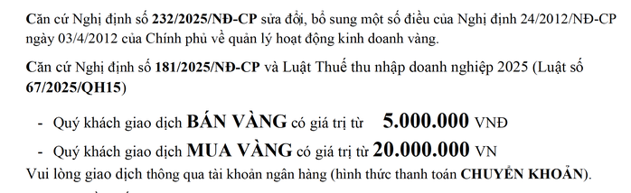 Khách giao dịch vàng từ 5 triệu đồng trở lên phải chuyển khoản- Ảnh 2. Khách giao dịch vàng từ 5 triệu đồng trở lên phải chuyển khoản- Ảnh 2.