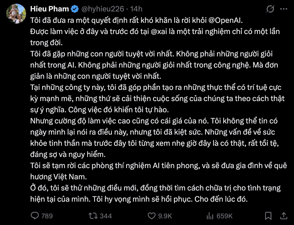 Kỹ sư Việt nghỉ OpenAI vì kiệt sức nhưng để lại cảnh báo lạnh gáy: "AI đang tăng tốc vượt khỏi con người"- Ảnh 2. Kỹ sư Việt nghỉ OpenAI vì kiệt sức nhưng để lại cảnh báo lạnh gáy: "AI đang tăng tốc vượt khỏi con người"- Ảnh 2.
