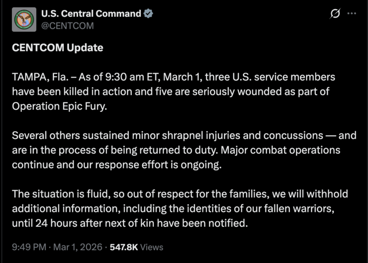 Tổn thất đầu tiên của Mỹ khi tập kích Iran: 3 quân nhân tử vong, 5 người bị thương- Ảnh 1.