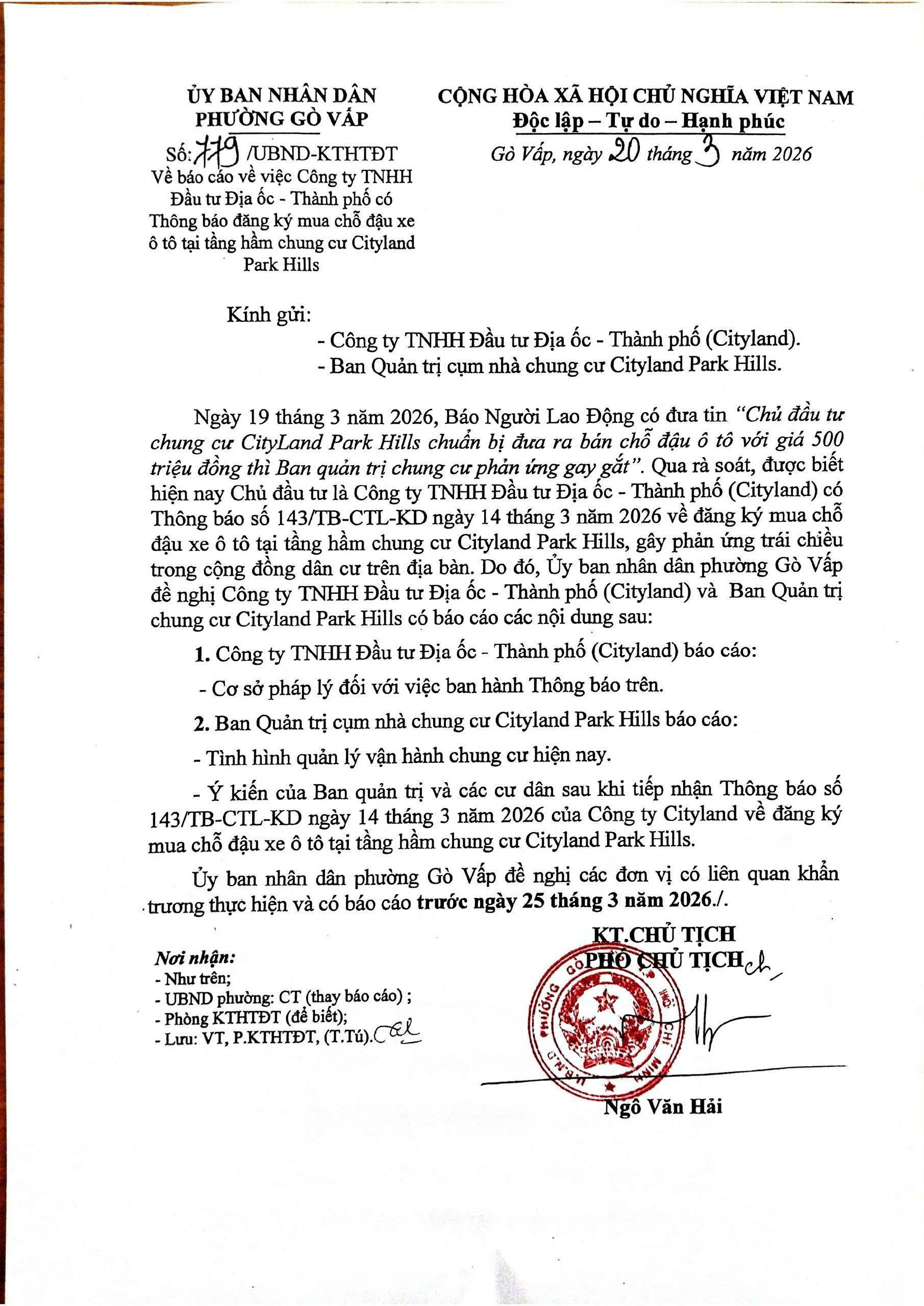 UBND phường Gò Vấp yêu cầu CityLand báo cáo vụ bán chỗ đậu xe 500 triệu đồng - Ảnh 2.