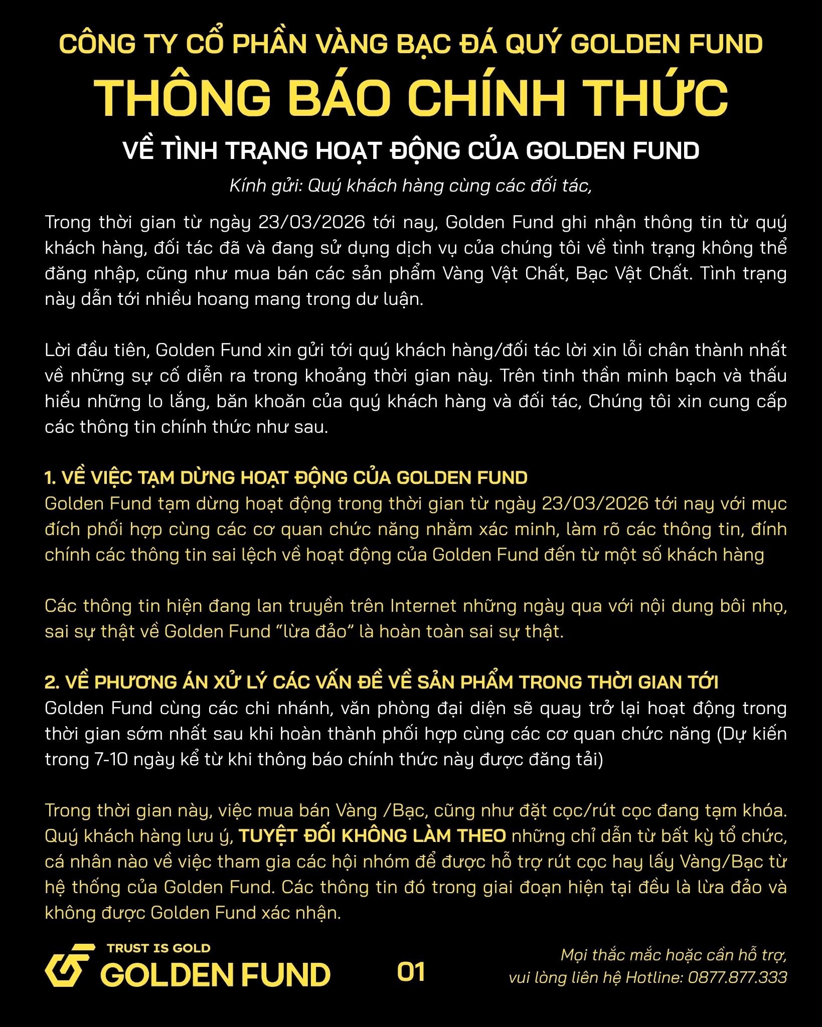 Golden Fund xác nhận tạm dừng hoạt động, lên tiếng trước tin đồn “lừa đảo” trên mạng xã hội- Ảnh 2.