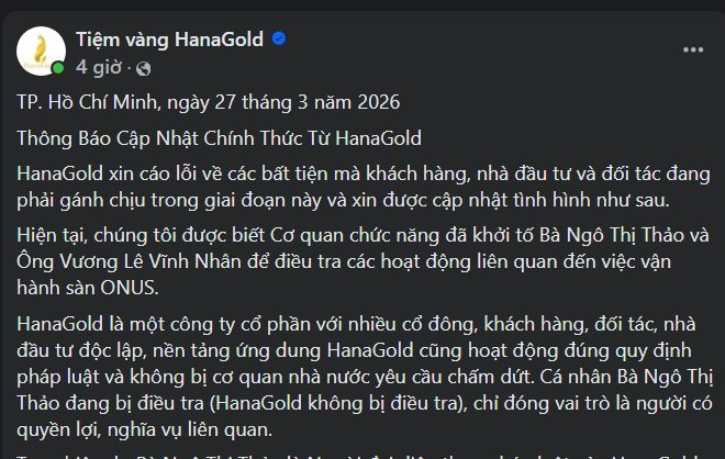 HanaGold thông báo vụ lãnh đạo bị khởi tố: Tạm ngưng nạp rút tiền, tài sản nhà đầu tư ra sao?- Ảnh 1.