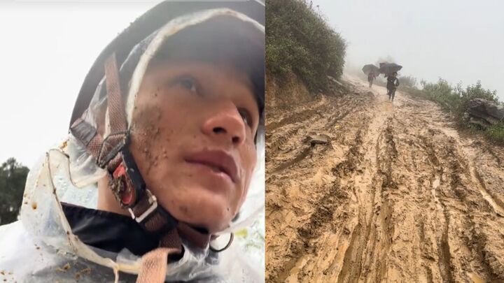 Xúc động thầy giáo vùng cao bùn bắn tận mặt, hướng dẫn trẻ đi học trên đường lầy- Ảnh 1.