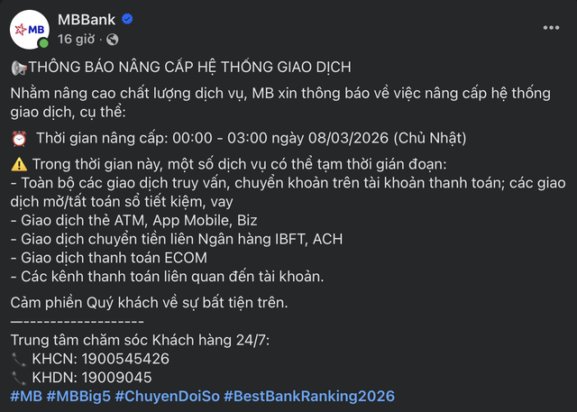 Khách hàng MB chú ý: Các giao dịch chuyển khoản có thể bị gián đoạn vào cuối tuần- Ảnh 1.