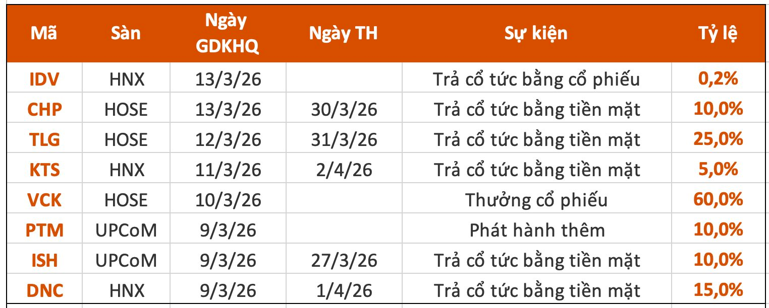 Lịch chốt quyền cổ tức 9/3-13/3: Một công ty chứng khoán "lăn chốt", cổ tức tiền mặt cao nhất 25%- Ảnh 1.