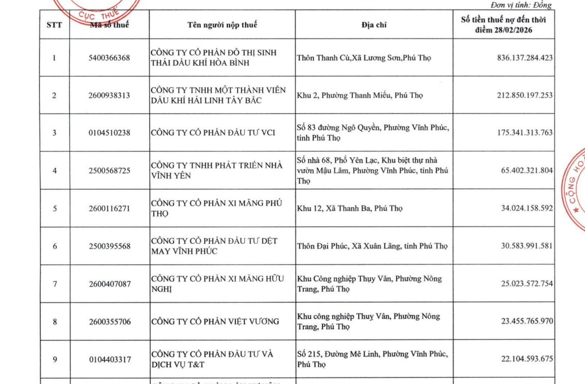 Công ty cổ phần Đô thị sinh thái Dầu khí Hòa Bình nợ thuế ‘khủng’, đứng đầu Phú Thọ- Ảnh 2.