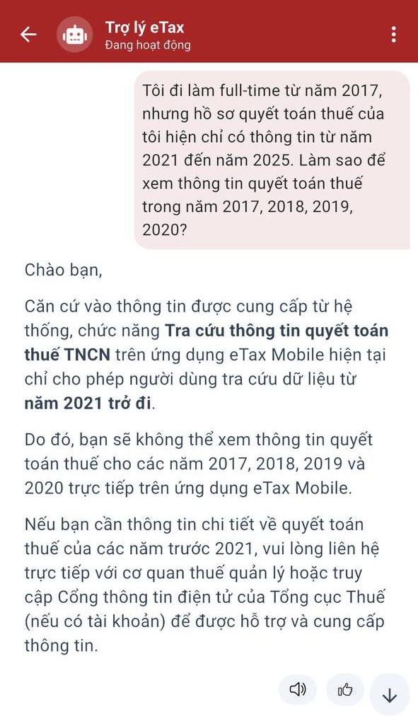 eTax Mobile chỉ hiển thị thông tin quyết toán thuế từ 2021-2025, làm sao để tra cứu quá trình đóng thuế của những năm trước đó?- Ảnh 2. eTax Mobile chỉ hiển thị thông tin quyết toán thuế từ 2021-2025, làm sao để tra cứu quá trình đóng thuế của những năm trước đó?- Ảnh 2.