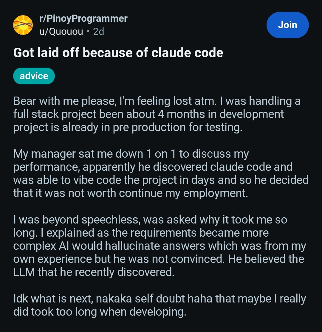 Một mình "cầy" dự án suốt 4 tháng vẫn bị sa thải vì sếp vibe-code bằng Claude Code, cộng đồng IT đồng thanh: "3 tháng nữa gọi lại ngay thôi"- Ảnh 1.