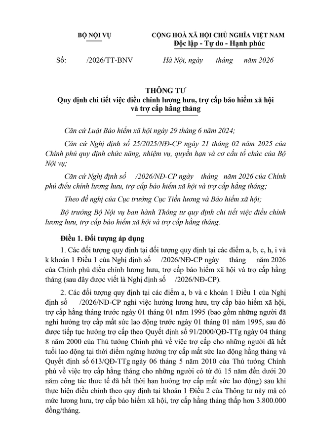 Toàn văn: Dự thảo Thông tư về điều chỉnh lương hưu, trợ cấp bảo hiểm xã hội, trợ cấp hằng tháng- Ảnh 1.