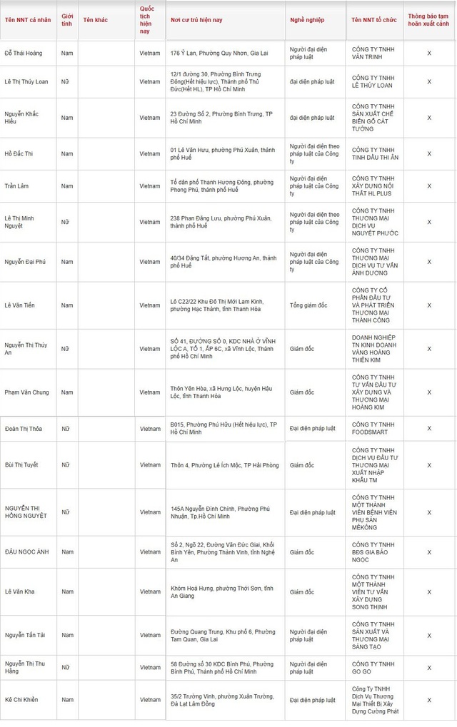 Cục Thuế thông báo: Một loạt Giám đốc có tên sau ở TP.HCM, Thanh Hóa, Huế, Hải Phòng… bị tạm hoãn xuất cảnh- Ảnh 1.